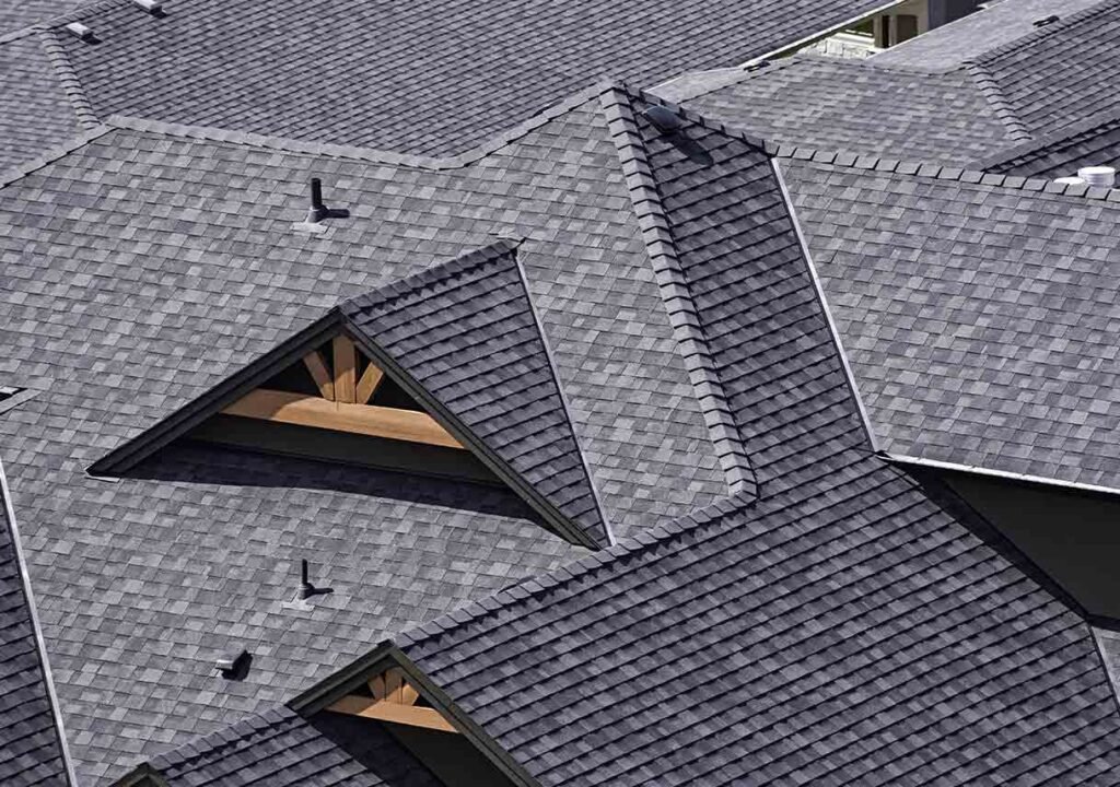 overhead view of gray asphalt shingle roof