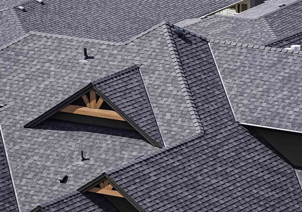overhead view of gray asphalt shingle roof